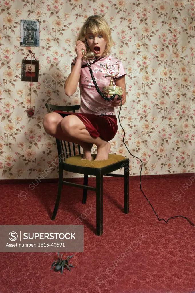 Woman cowering on chair, phoning, spider on floor