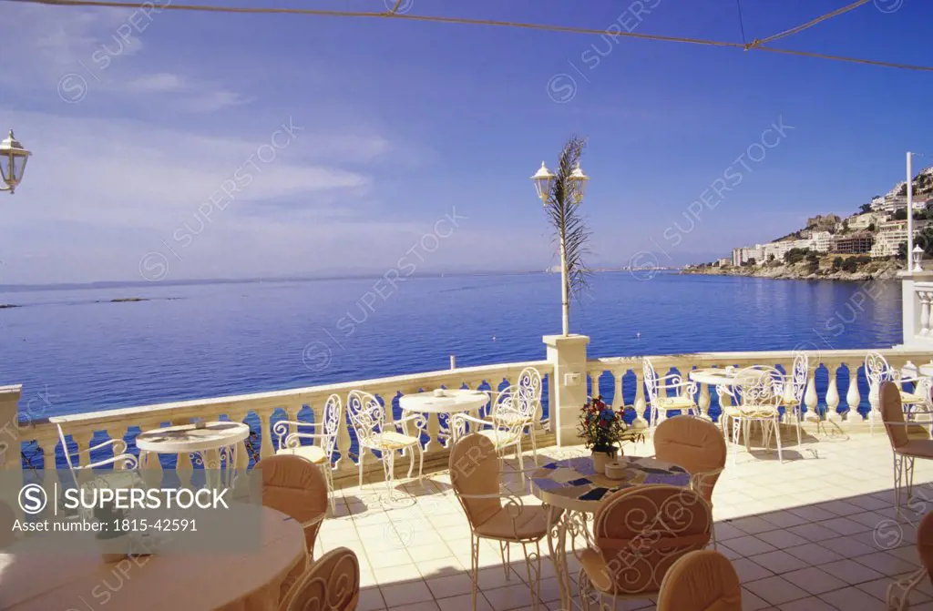 romantic hotel vistabella, terrace, view on bay of roses, canyelles petites, costa brava, catalonia, spain