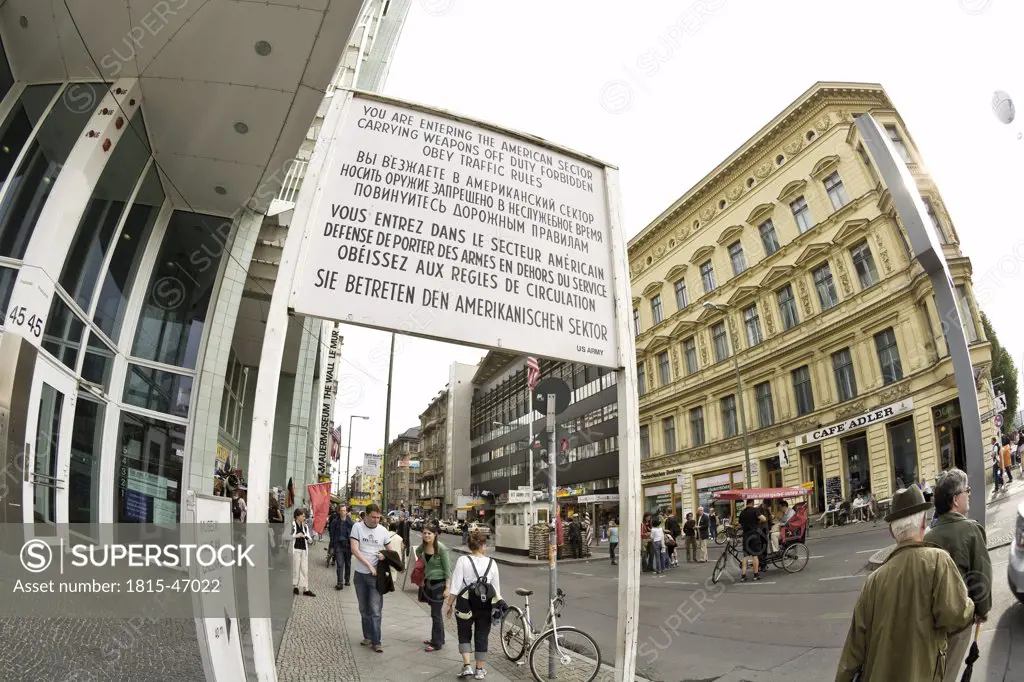 Germany, Berlin, Board at the Checkpoint Charlie, (fish eye view)