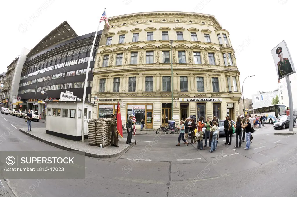 Germany, Berlin, Checkpoint Charlie (fish eye view)