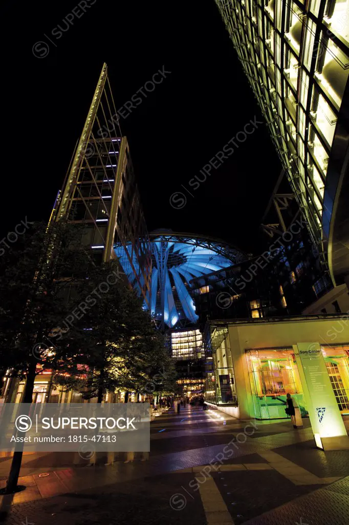 Germany, Berlin, Potsdamer Platz, Sony Center at night, low angle view