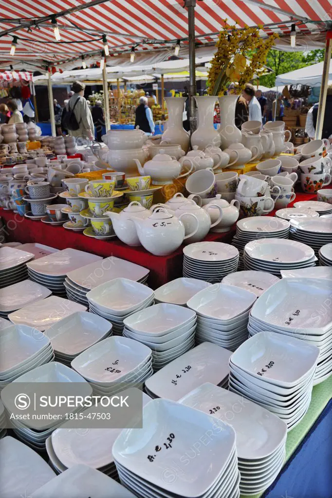 Germany, Bavaria, Munich, Auer Dult, traditional market in Munich, Outlet for plates and cups