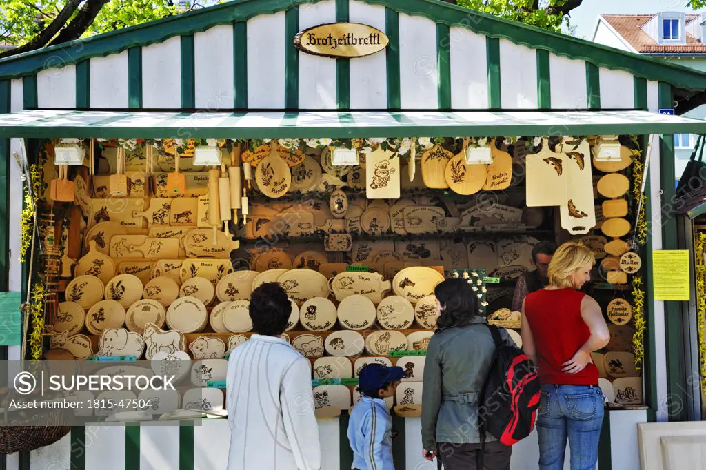 Germany, Bavaria, Munich, Auer Dult, traditional market, Market stand with wooden souvenirs