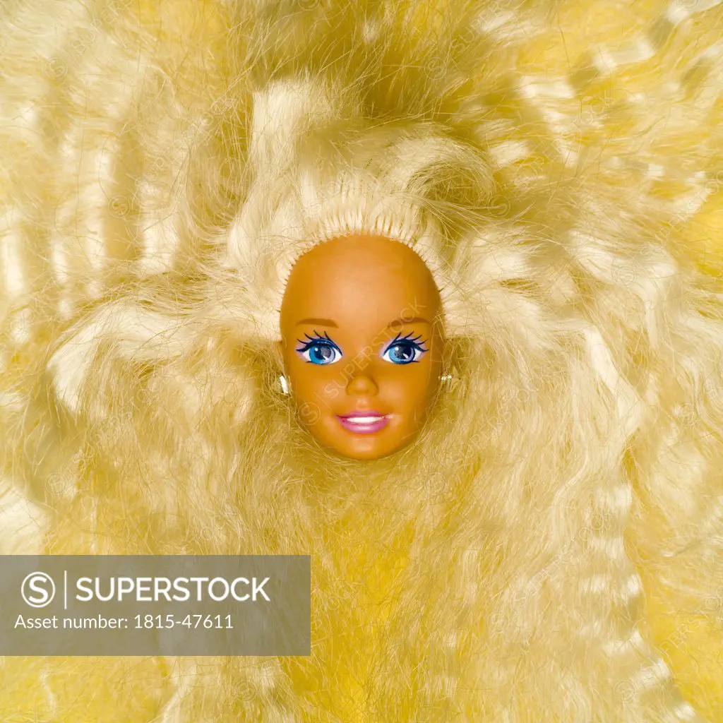 Plastic doll head, elevated view