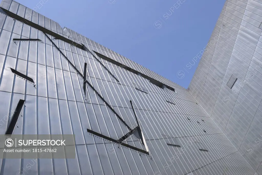 Germany, Berlin, Jewish Museum, Glass facade, low angle view