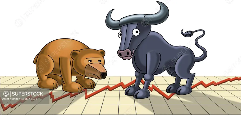 Illustration, Bull and bear figurines on graph