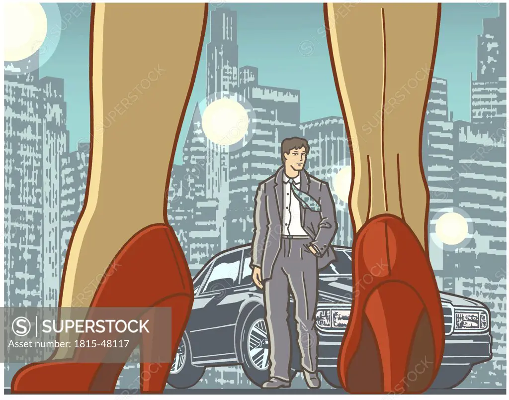 Illustration, Woman wearing red shoes, man in background