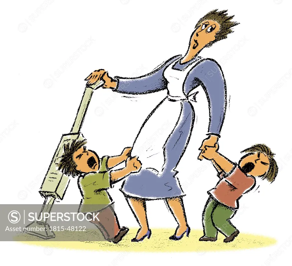 Illustration, Children tearing on stressed mother
