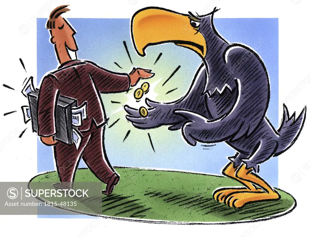 Illustration, Tax, Man paying federal eagle money