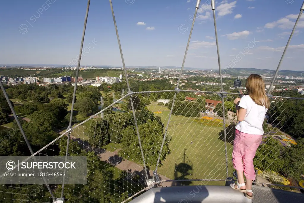 Germany, Baden-Württemberg, Stuttgart, Killesbergturm, Woman watching out, rear view