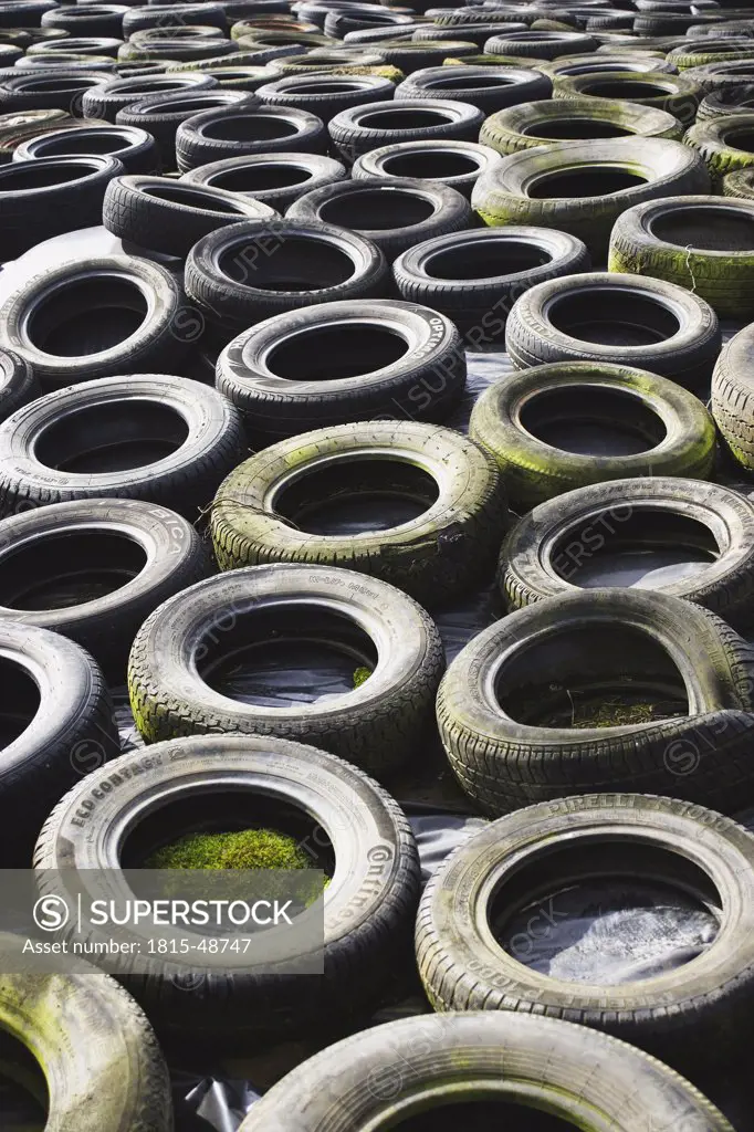 Used tires for recycling, full frame, close-up