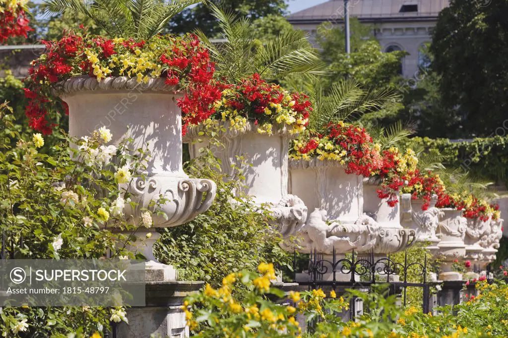Austria, Salzburg, Mirabell Gardens, Flowers and amphoras