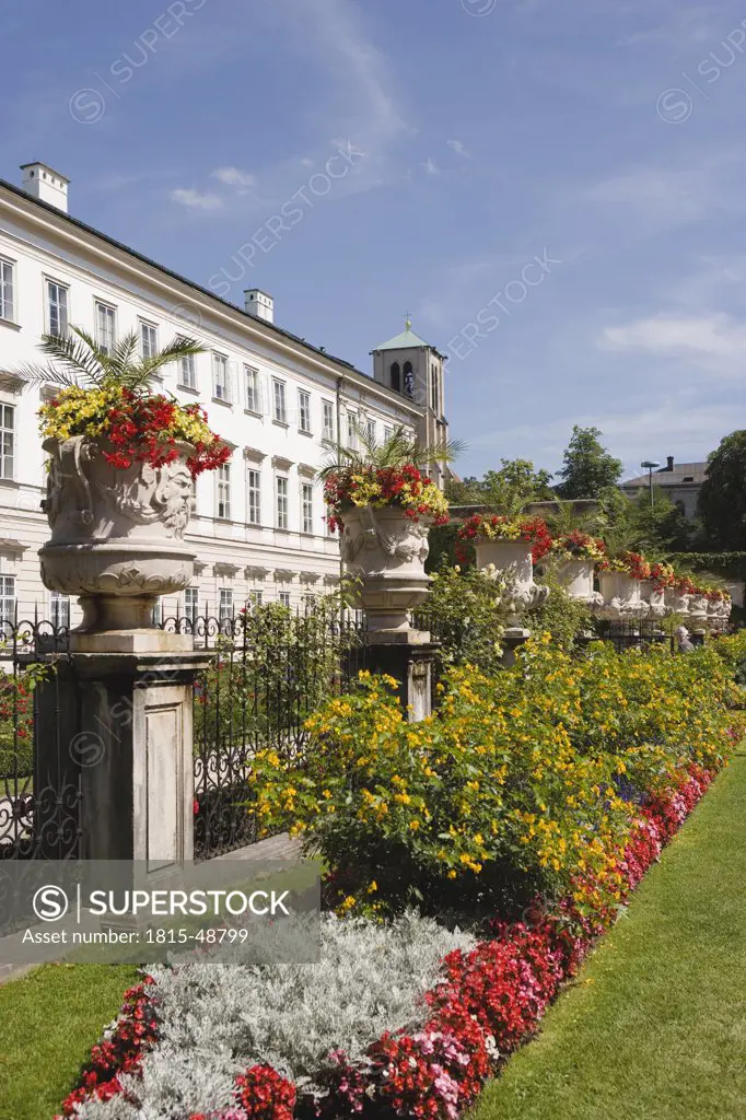 Austria, Salzburg, Mirabell Gardens, Flower pots and flower beds
