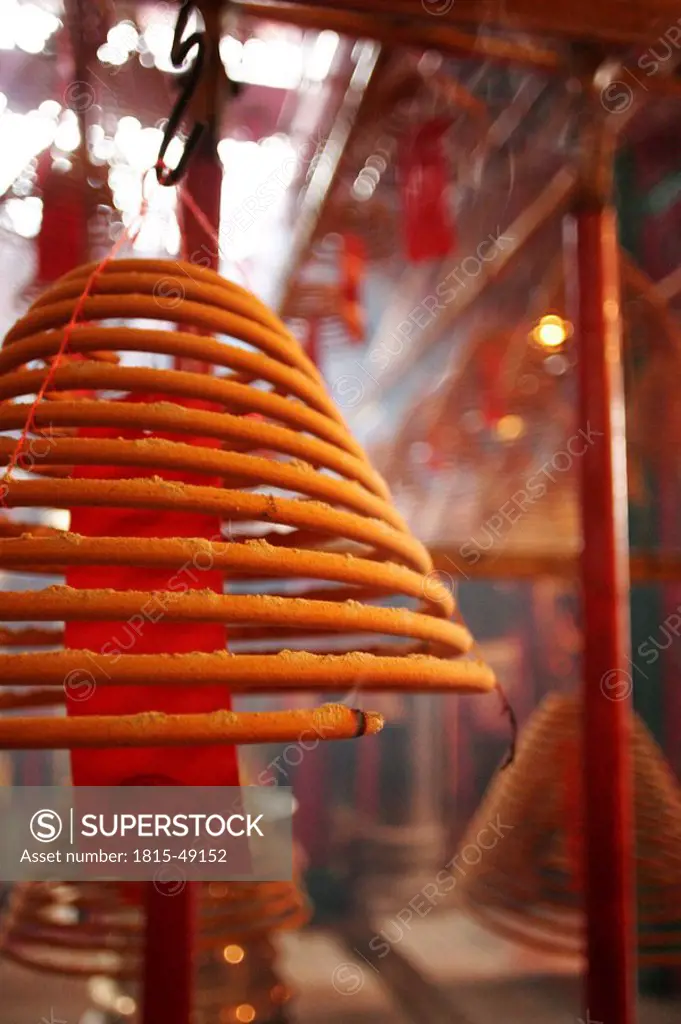 China, Hong Kong, Man Mo Temple, Spiral coil of incense, slip of paper with prayer