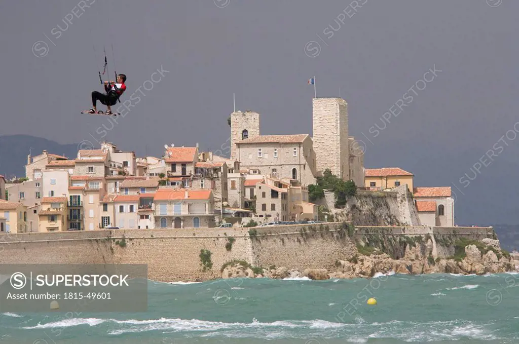 France, Antibes, Grimaldi Castle, Kite surfer in the foreground