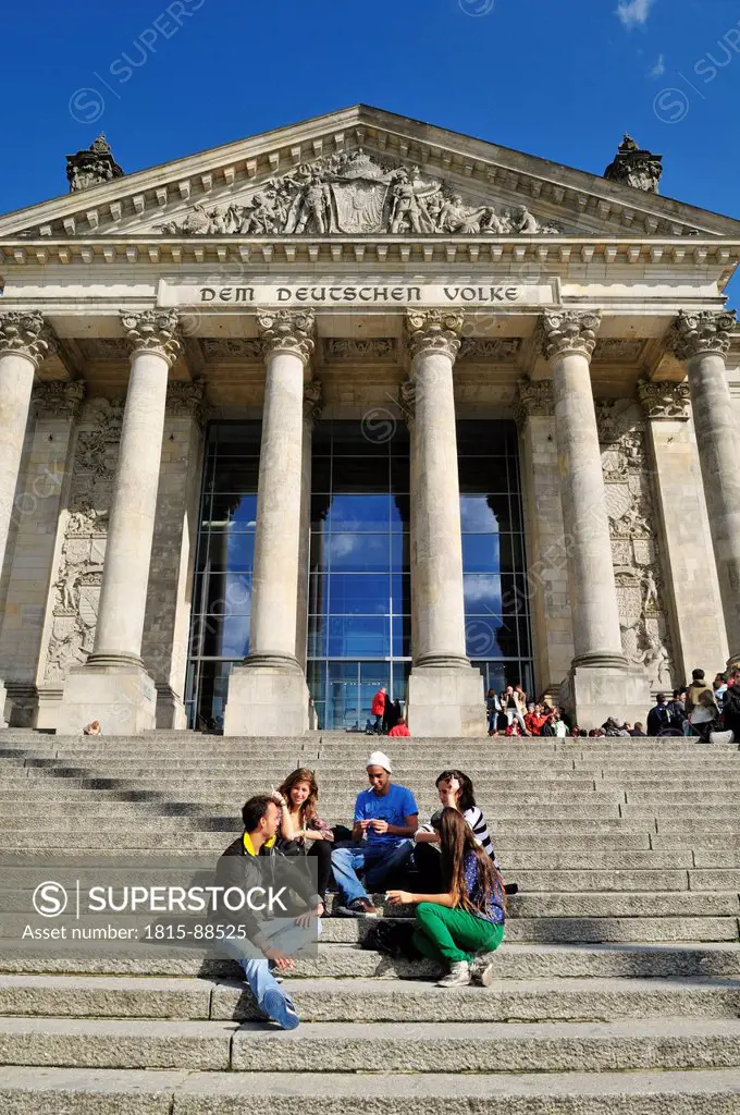 Europe, Germany, Berlin, Reichstag, View of people sitting in front of german parliament