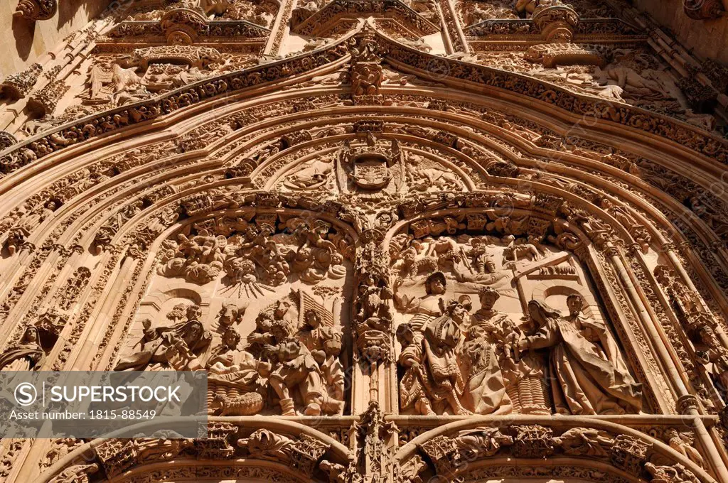 Europe, Spain, Castile and Leon, Salamanca, View of portal of gothic cathedral