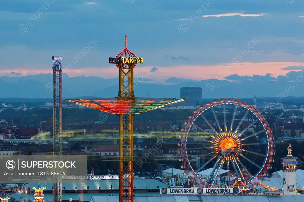 Germany, Bavaria, Munich, View of Oktoberfest fair at dusk