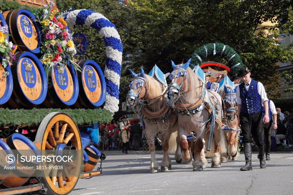 Germany, Bavaria, Upper Bavaria, Munich, Decorative brewery wagons at Oktoberfest Procession