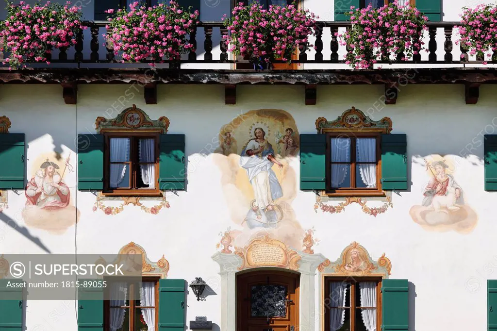 Germany, Bavaria, Upper Bavaria, Farmhouse bichlerkassian with frescoes on wall