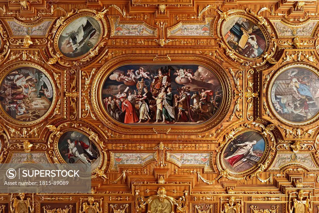Germany, Bavaria, Augsburg, Swabia, View of coffer ceiling of golden room