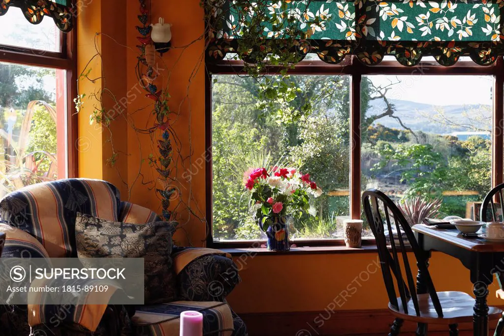 Ireland, Cork, View of chair and breakfast on table