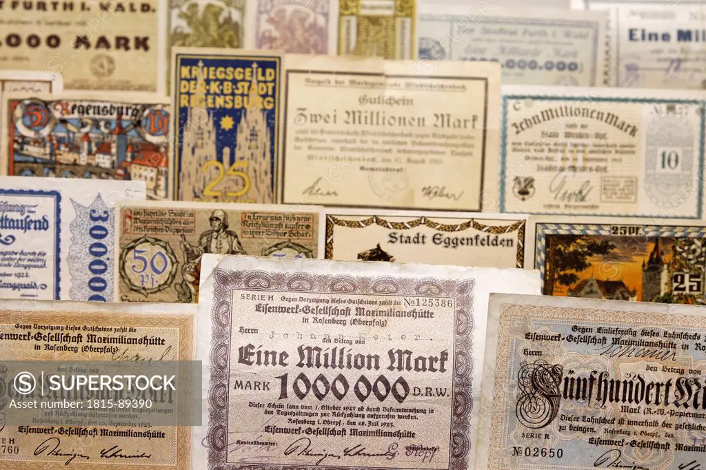 Germany, Bavaria, Upper Palatinate, Rötz, Close up of old banknotes in handicraft museum