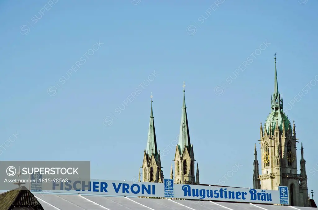 Germany, Bavaria, Munich, View of beer tent, St Paul Cathedral in background