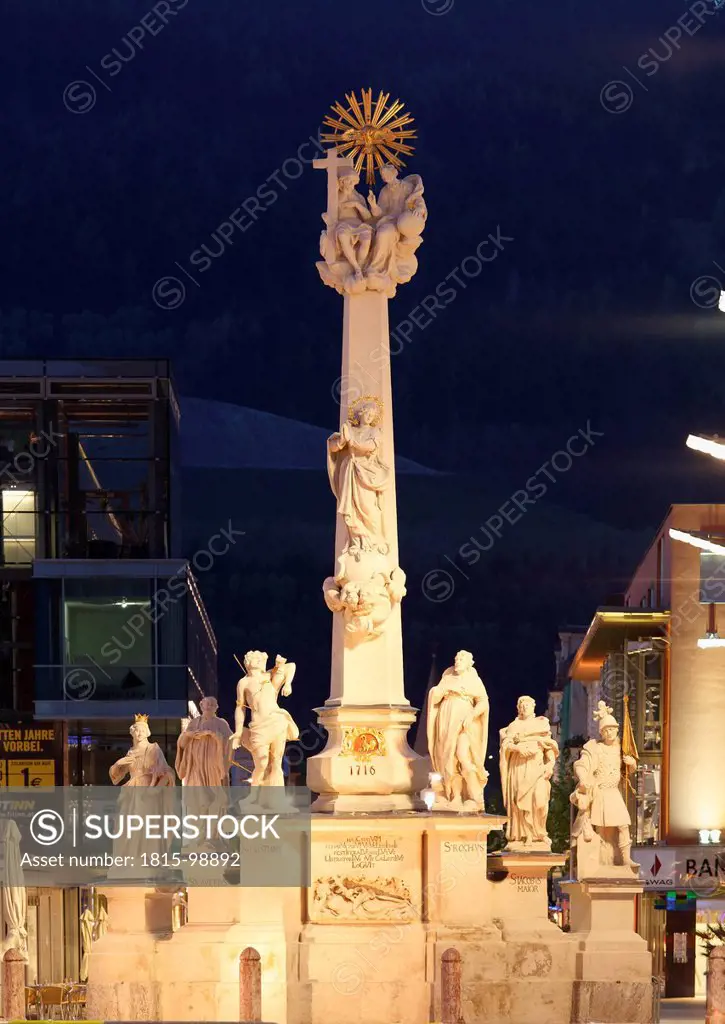 Austria, Styria, Leoben, Trinity column at night