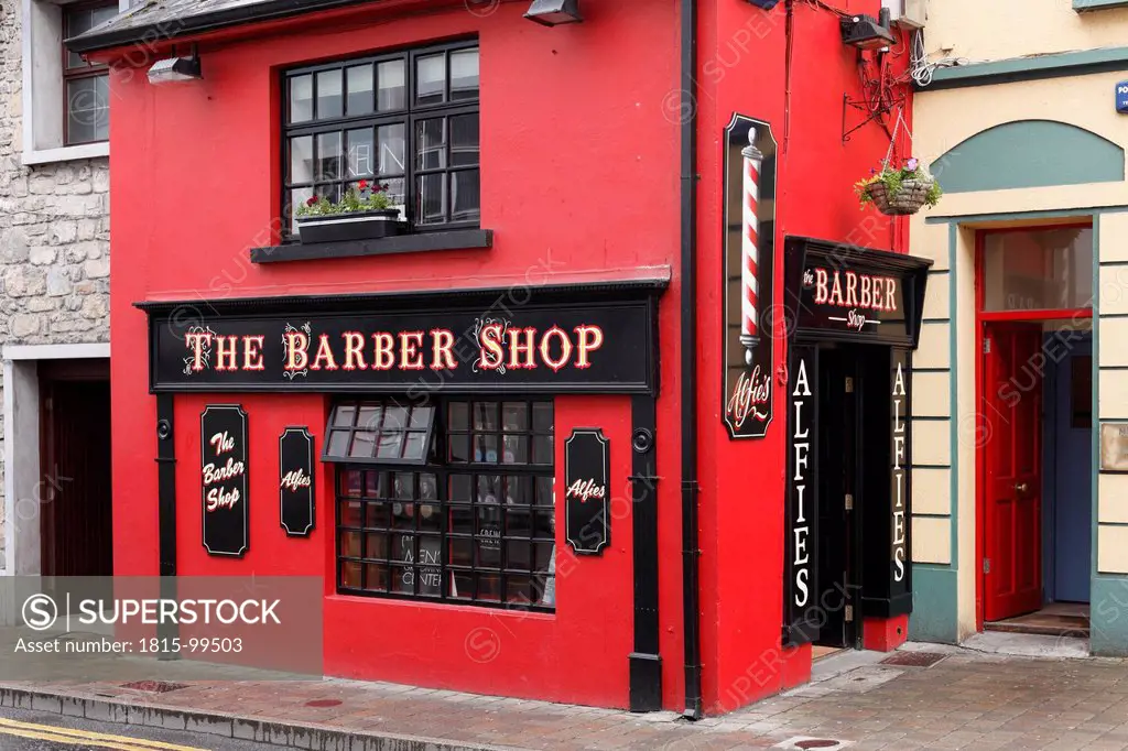 Ireland, Connacht, County Sligo, View of barber shop