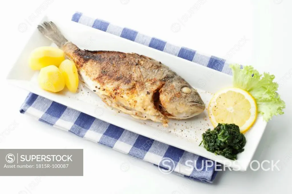 Garnished gilthead bream in plate with napkin on white background