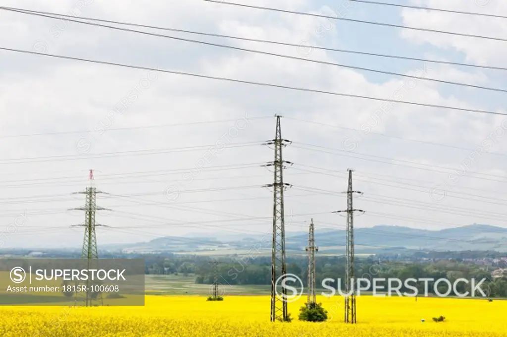 Germany, Bavaria, View of electricity pylon in rapeseed field