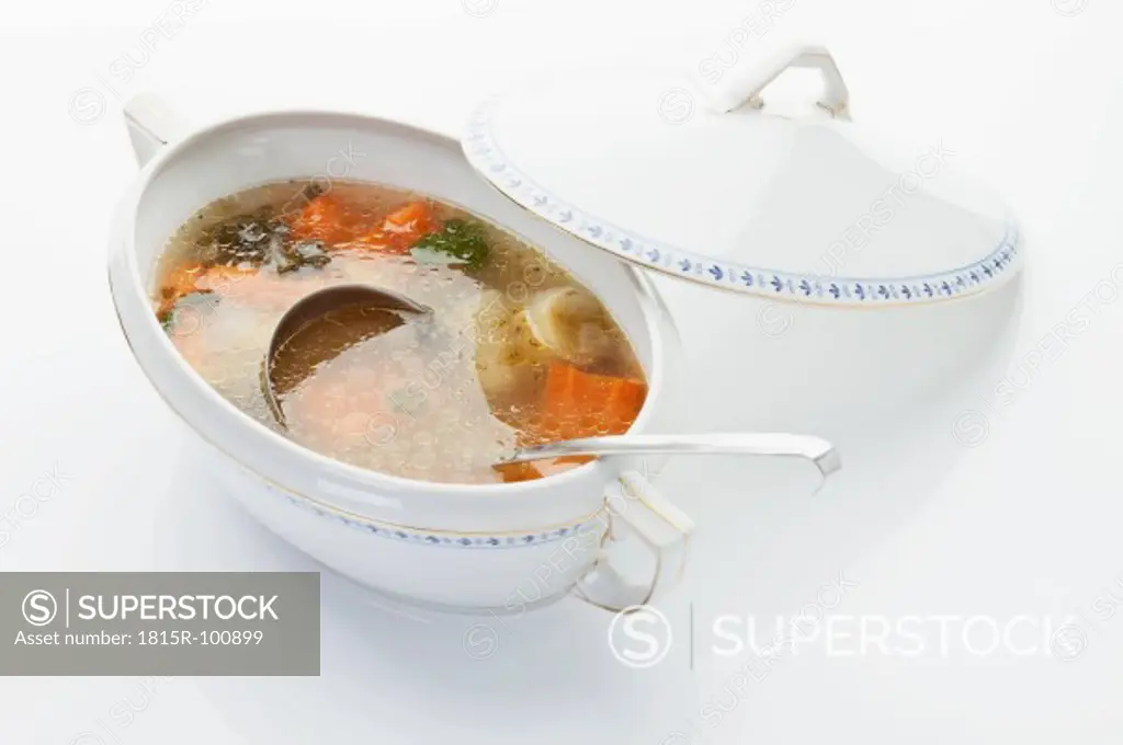 Chicken soup in stew pot with dipper on white background