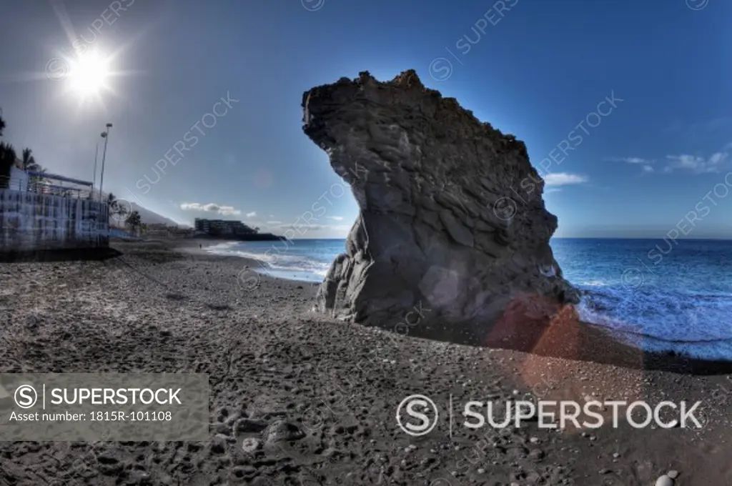 Spain, Canary Islands, La Palma, View of lava rock on beach