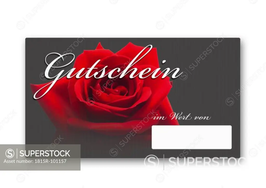 Coupon card with red rose against white background, close up