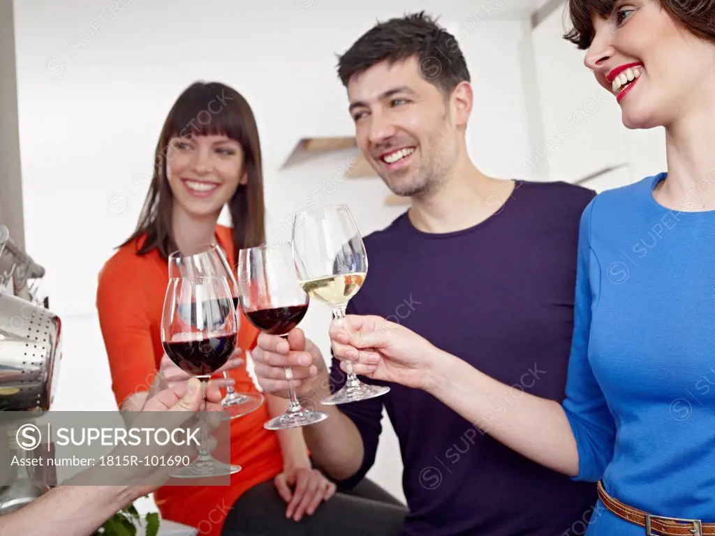 Germany, Cologne, Men and women drinking wine in kitchen