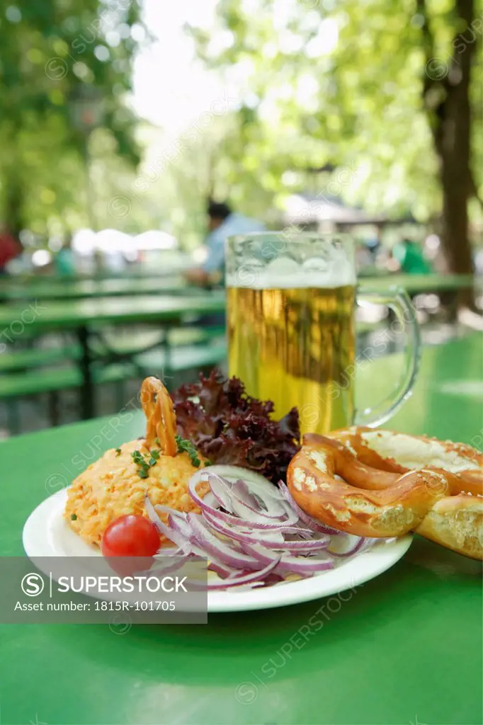 Germany, Bavaria, Munich, Vegetarian dish with mug of beer, close up