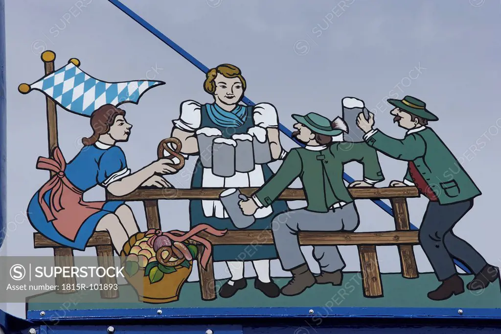 Germany, Bavaria, Munich, Beer garden scene on guild symbol of may pole