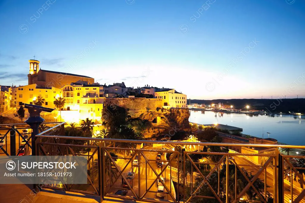 Spain, Menorca, Mahon, View of old town at evening