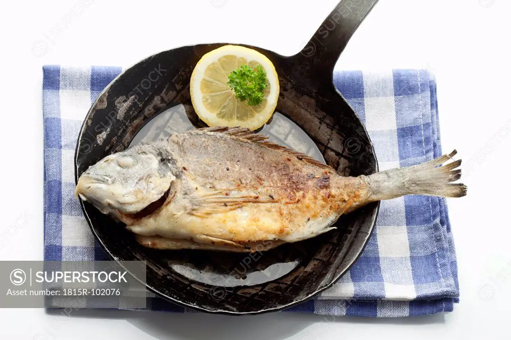 Gilthead bream in frying pan with napkin on white background