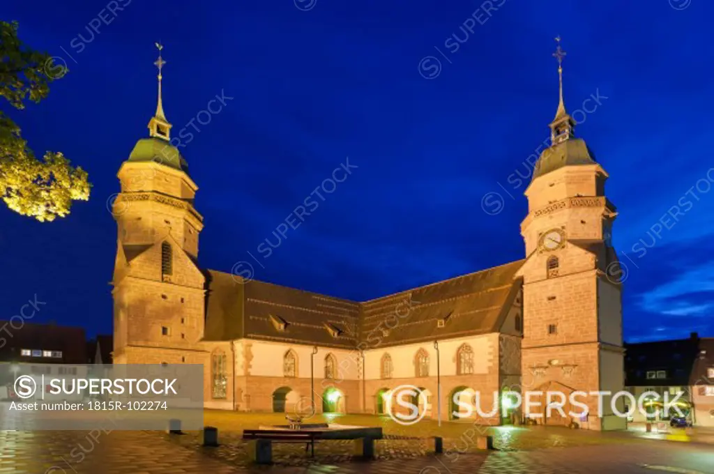 Germany, Baden Wurttemberg, Freudenstadt, View of parish church at night