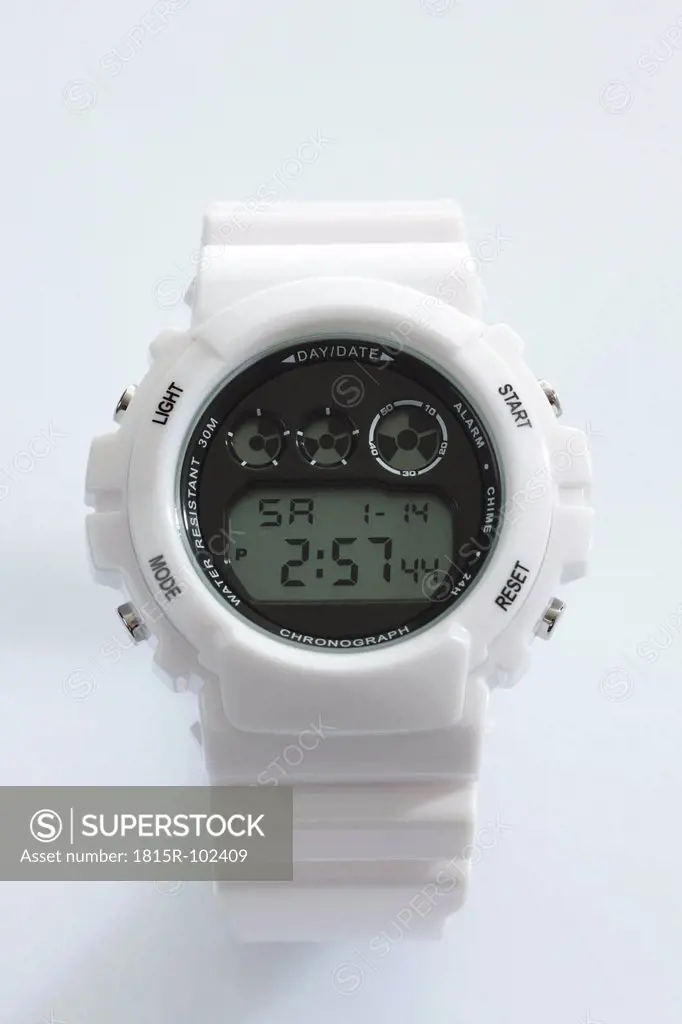 Sporting wrist watch on white background, close up
