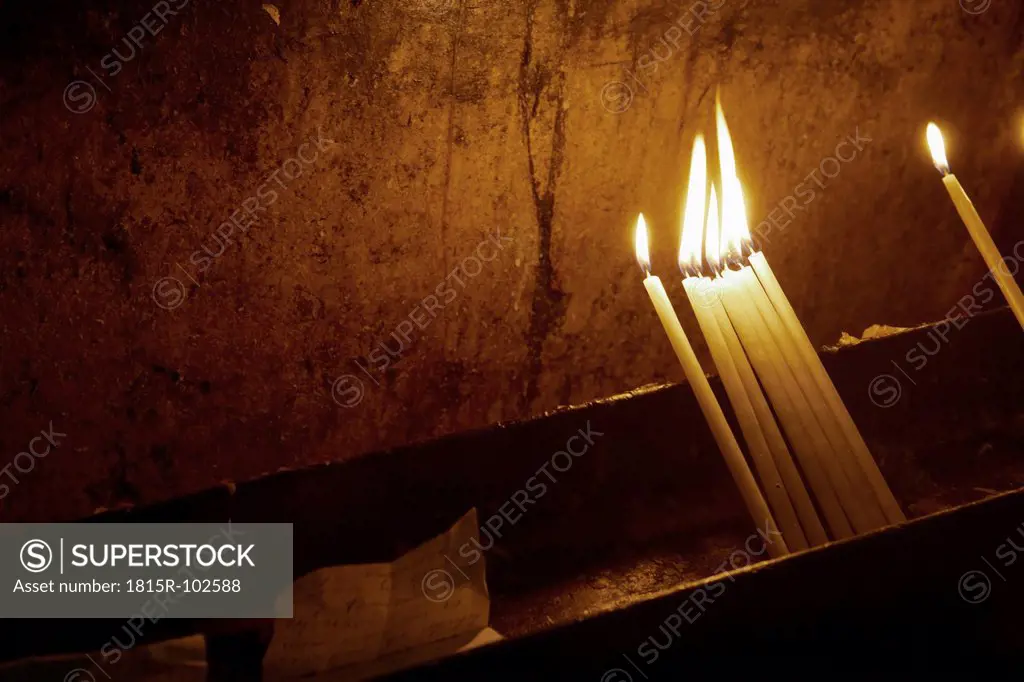 Israel, Jerusalem, View of burning candles in church