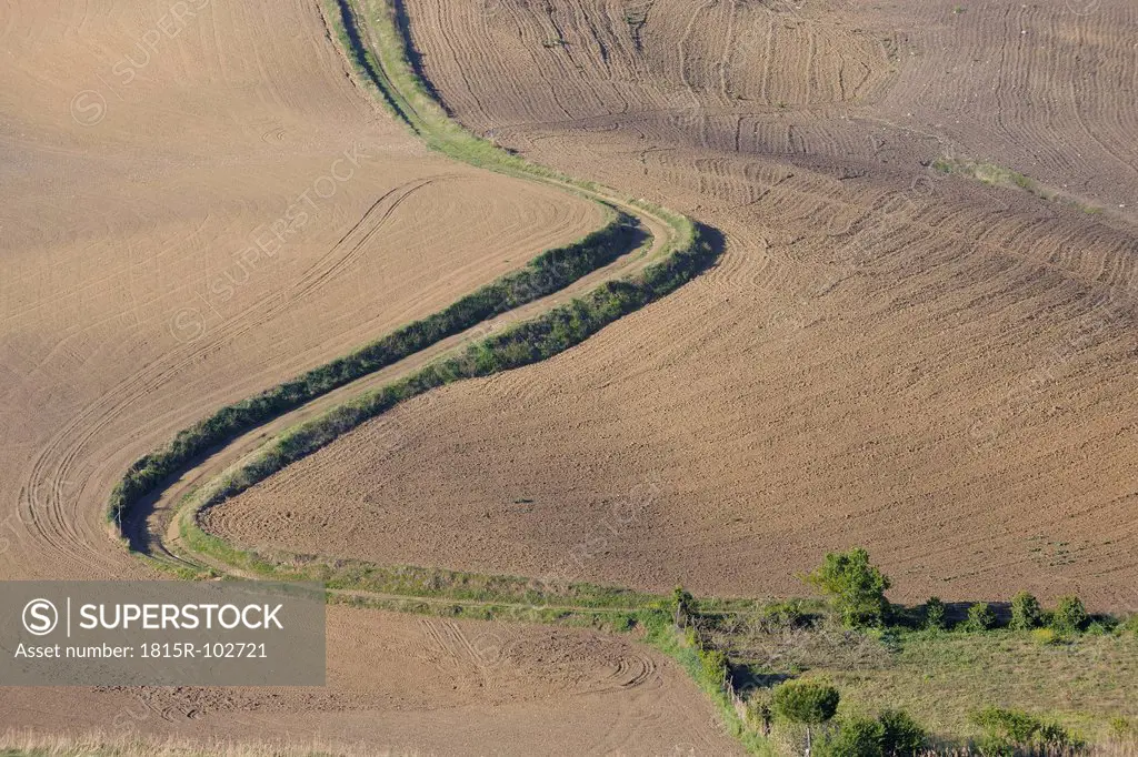 Spain, Andalusia, View of tyre tracks through plowed field