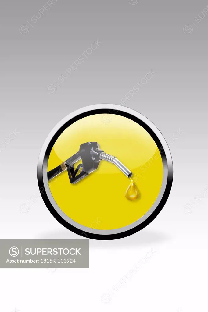 Yellow button showing industrial hose with fuel drop, close up
