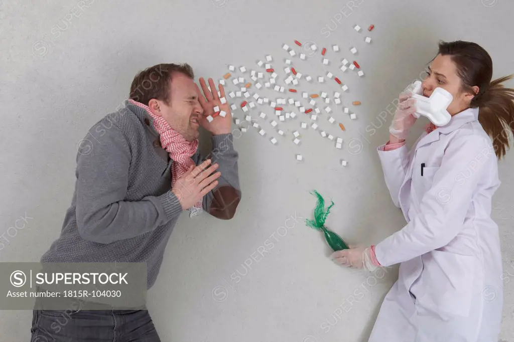 Patient sneezing with doctor