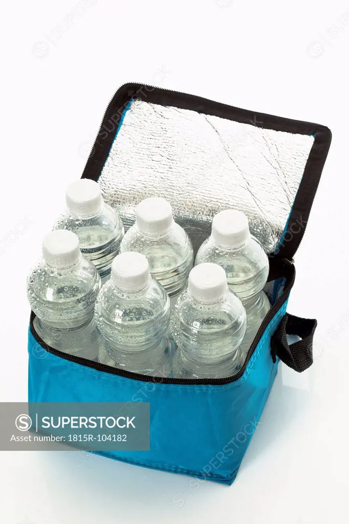 Cool water bottle in bag on white background