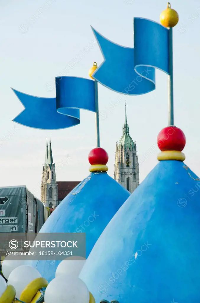 Germany, Bavaria, Munich, View of tent in Oktoberfest, St Paul Cathedral in background
