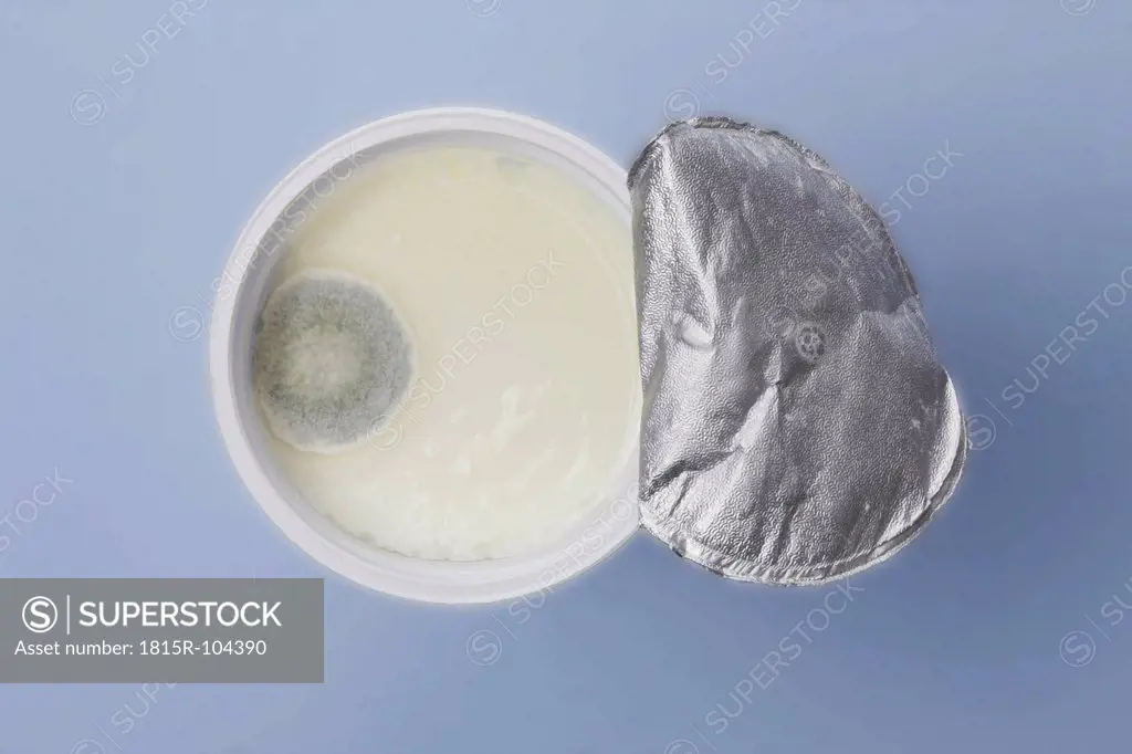 Mould in yogurt cup on coloured background