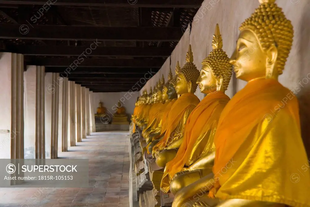 Thailand, Ayutthaya, Row of buddha statues in temple
